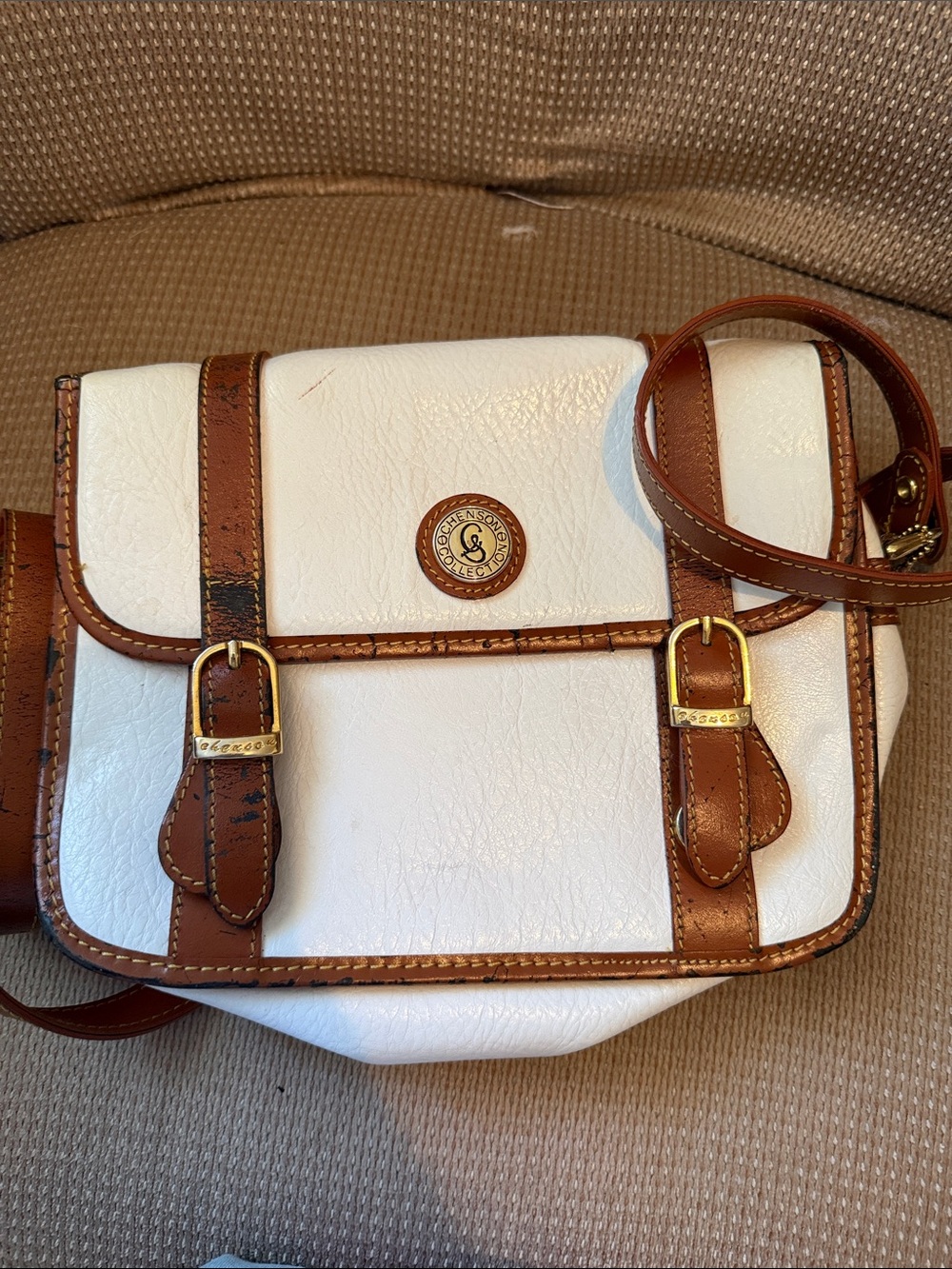 White and Brown Leather-Trim Crossbody Bag with Gold Accents